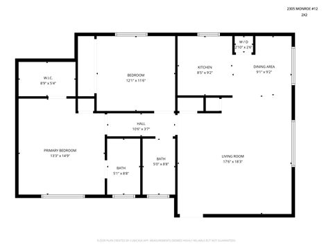 Floor plan for 2 beds, 1 bath, 950 sqft